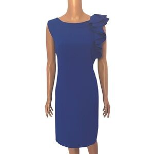Blue dress with ruffled shoulder by New Direction.
